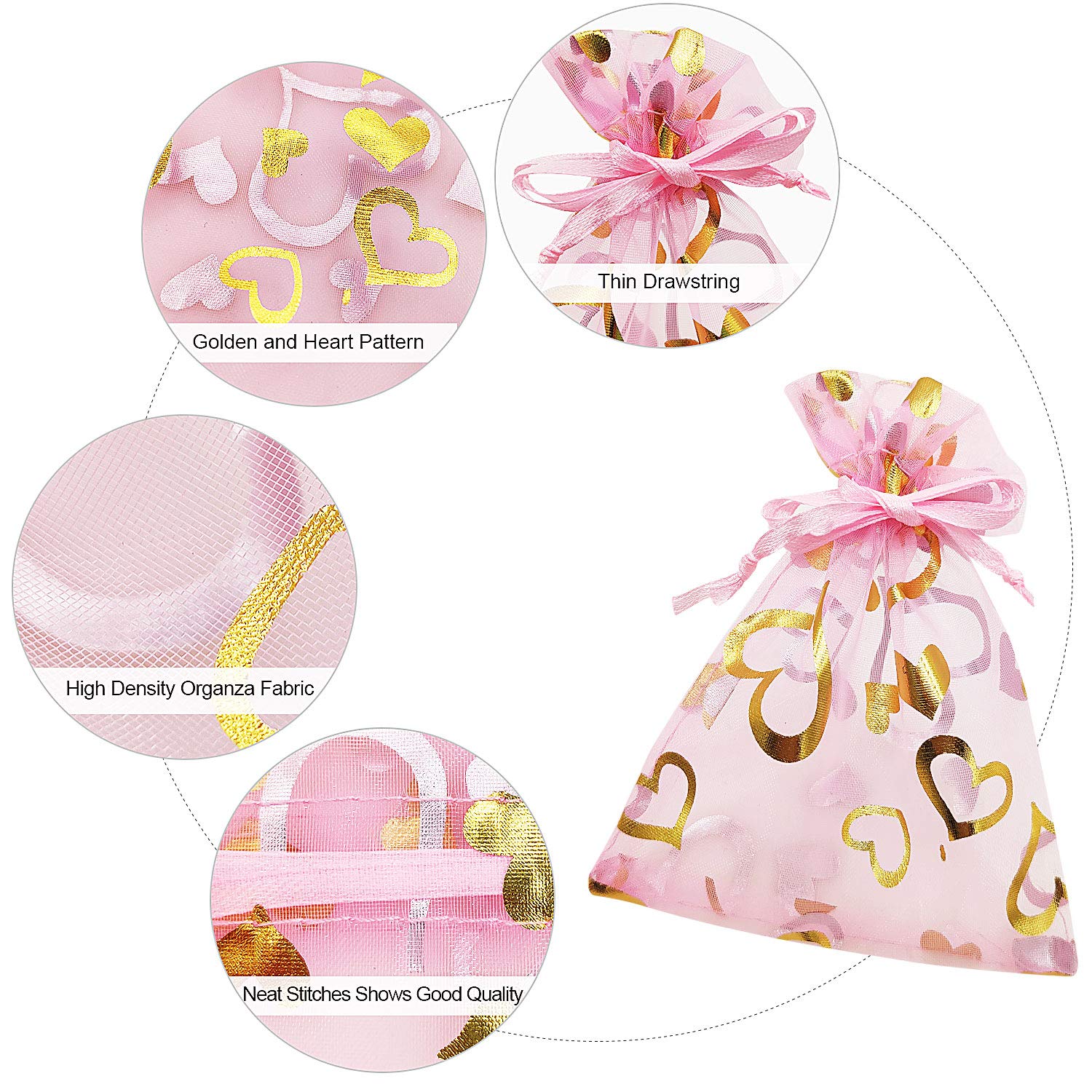 SumDirect 100Pcs 3.5x4.7 inch Sheer Pink Drawstring Heart Organza Favor Gift Bags Wedding Party Christmas Jewelry Pouches - Image 3
