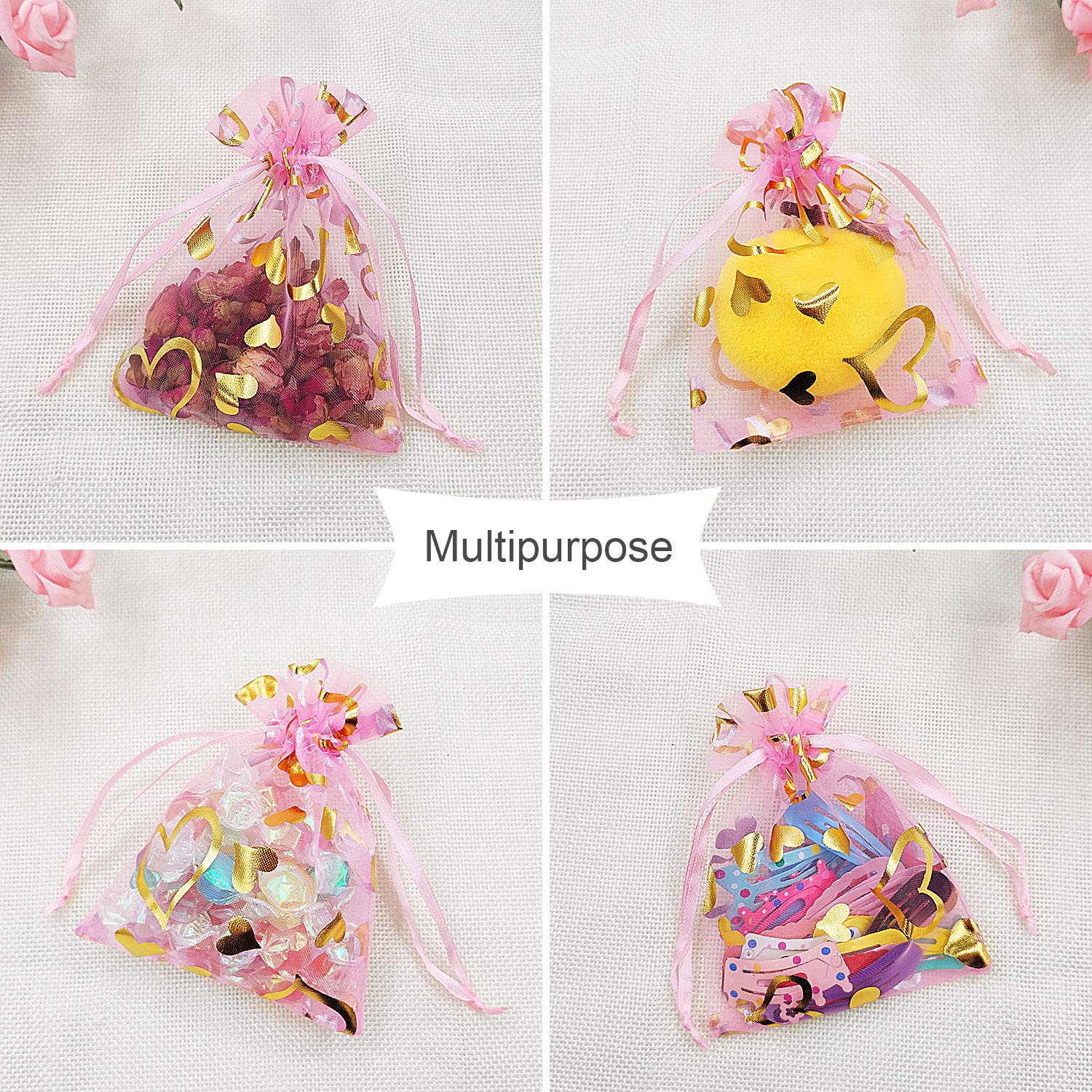 SumDirect 100Pcs 3.5x4.7 inch Sheer Pink Drawstring Heart Organza Favor Gift Bags Wedding Party Christmas Jewelry Pouches - Image 6