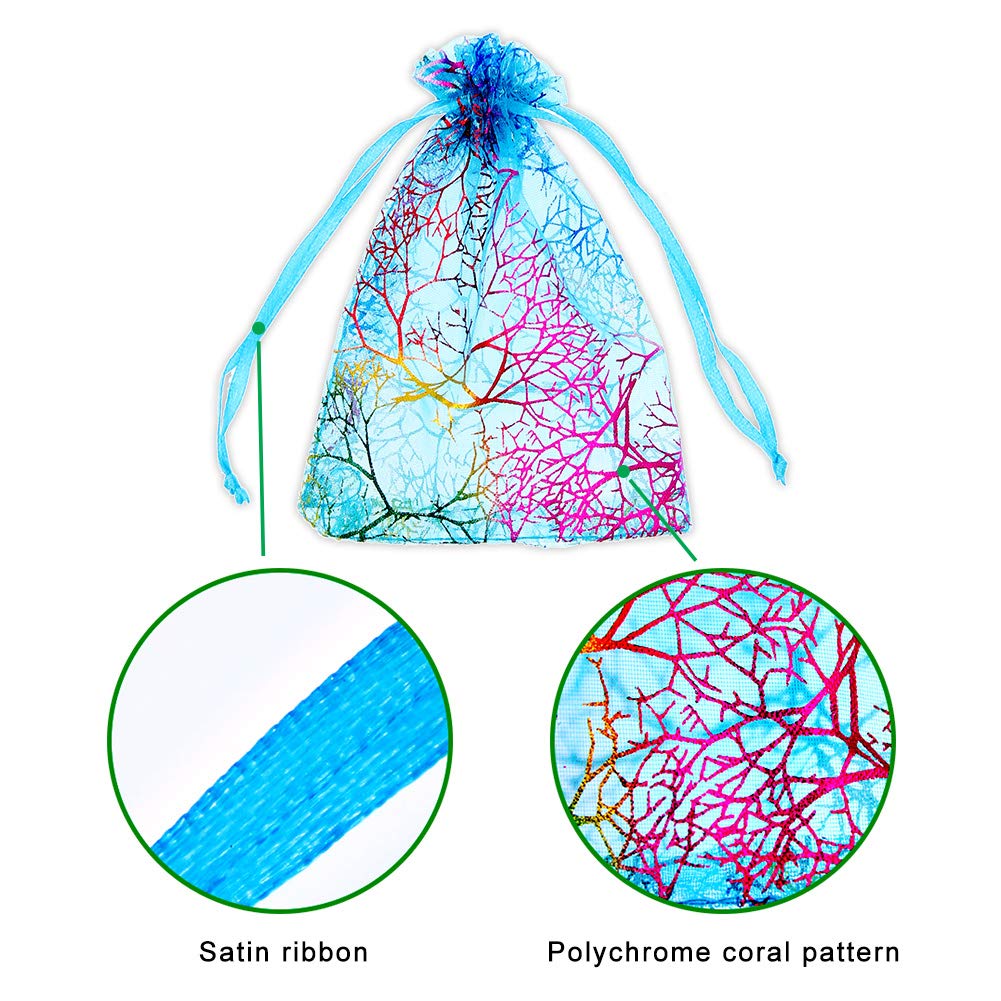 SumDirect 100Pcs Blue Organza Drawstring Bags Jewelry Pouches, Coralline Pattern Candy Chocolate Party Christmas Wedding Favor Gift Bags,3.5x4.7inches - Image 3