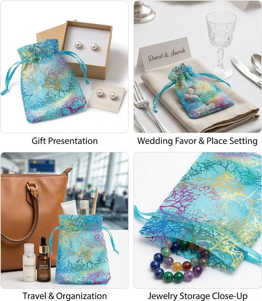 SumDirect 100Pcs Blue Organza Drawstring Bags Jewelry Pouches, Coralline Pattern Candy Chocolate Party Christmas Wedding Favor Gift Bags,3.5x4.7inches - Image 4