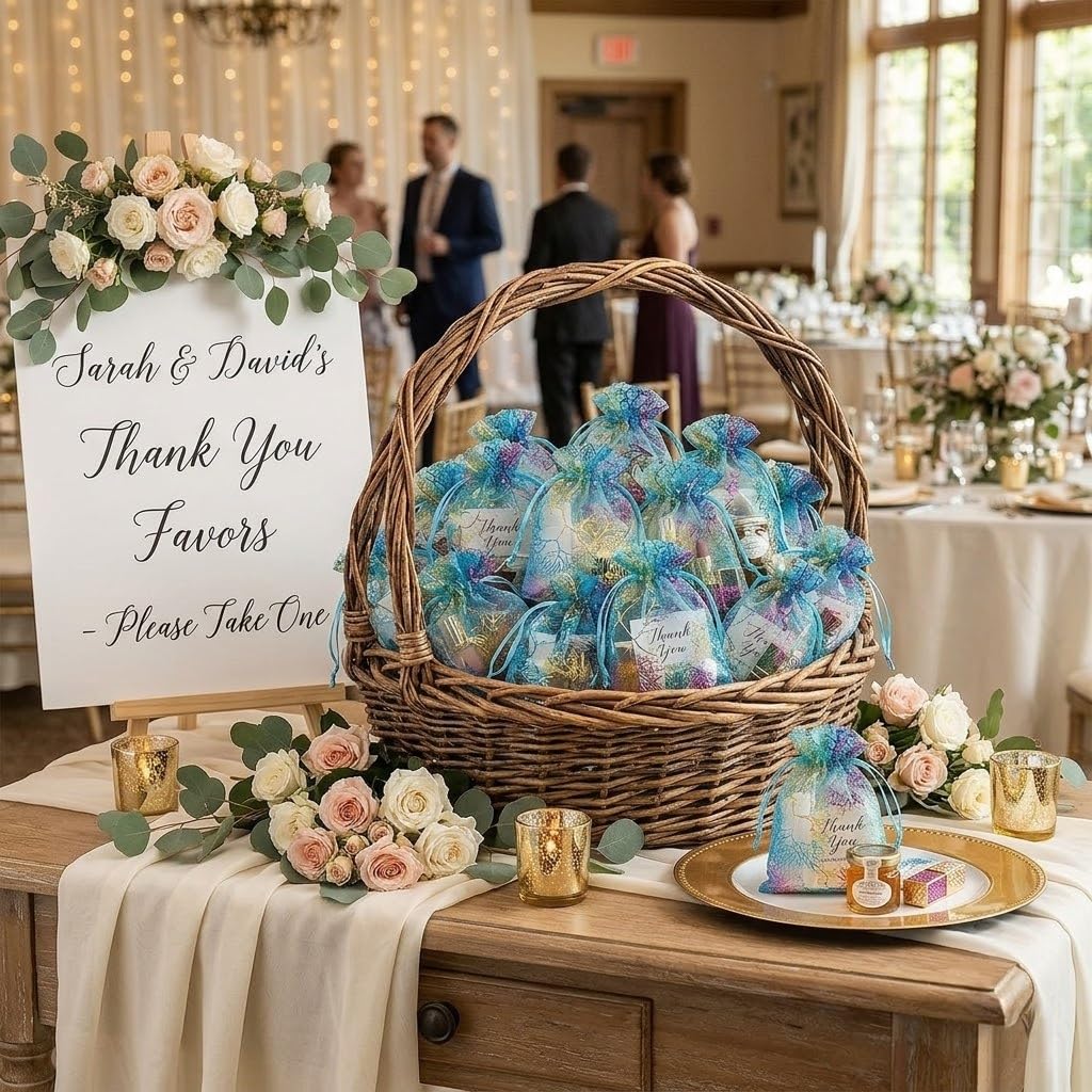 SumDirect 100Pcs Blue Organza Drawstring Bags Jewelry Pouches, Coralline Pattern Candy Chocolate Party Christmas Wedding Favor Gift Bags,3.5x4.7inches - Image 5