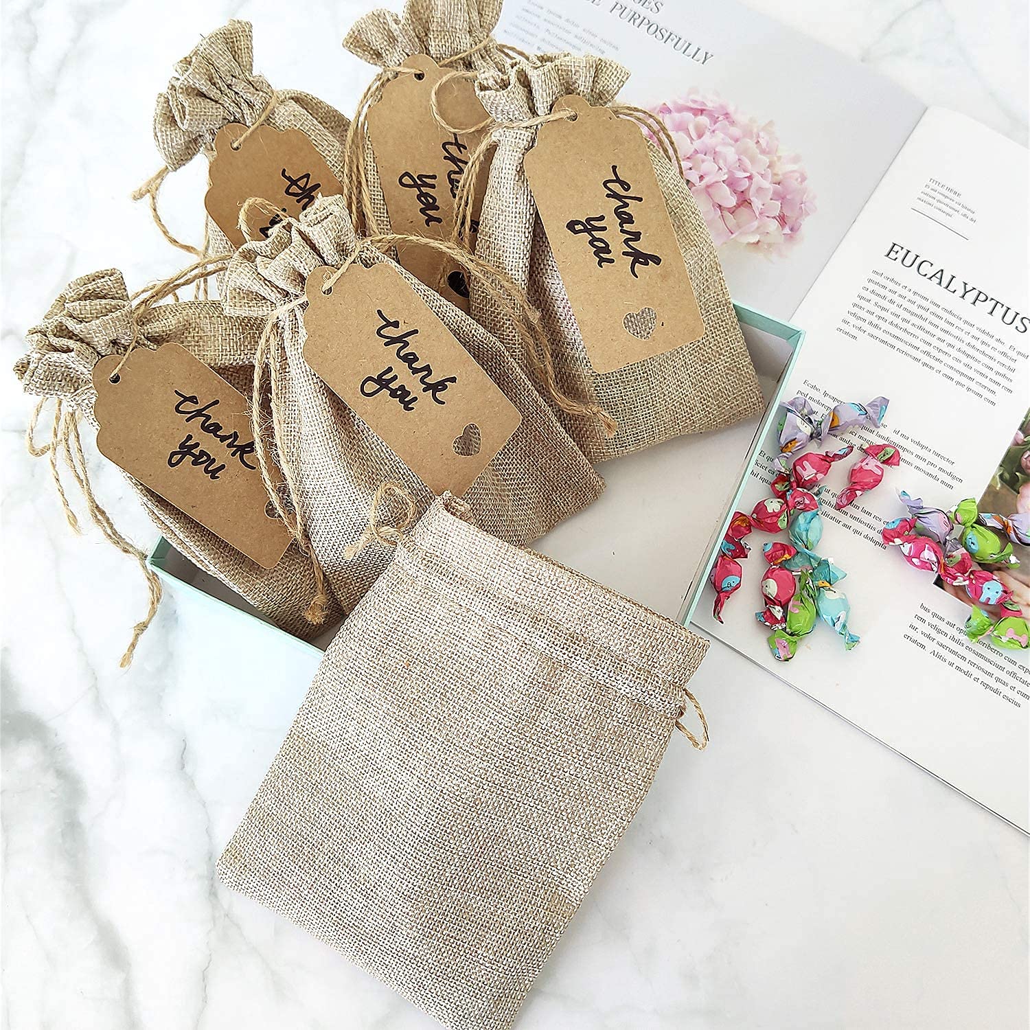 SumDirect 20 PCS Burlap Gift Bags 5x7 inch Small Gift Bags drawstring with 20 Tags, Small Burlap Bags with Drawstring for Wedding Party Christmas DIY Craft - Image 8