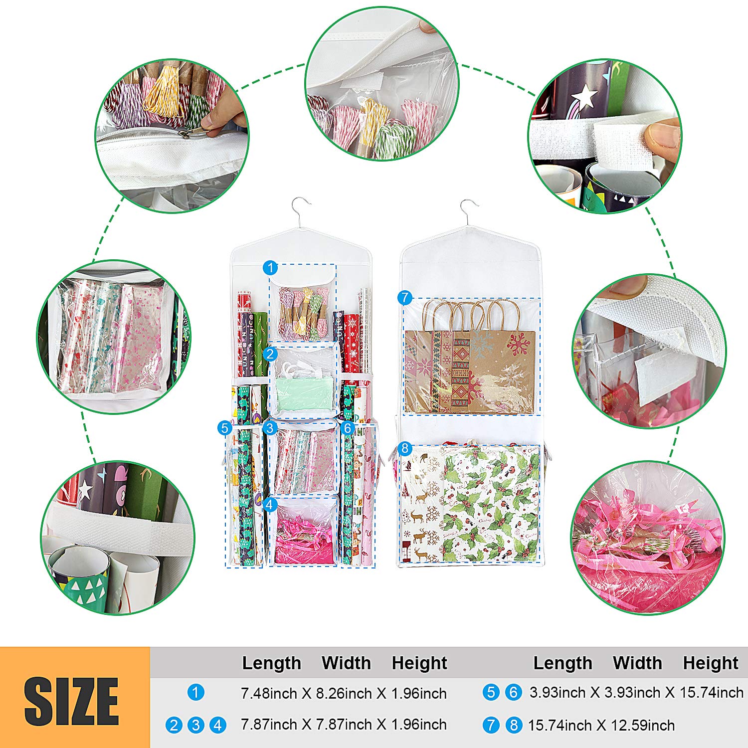 SumDirect Double-Sided Gift Wrap Organizer - White Hanging Wrapping Paper Gift Bag Storage Holder Pockets - Image 3