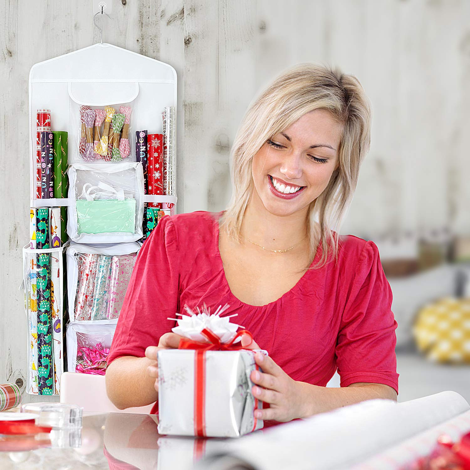 SumDirect Double-Sided Gift Wrap Organizer - White Hanging Wrapping Paper Gift Bag Storage Holder Pockets - Image 6