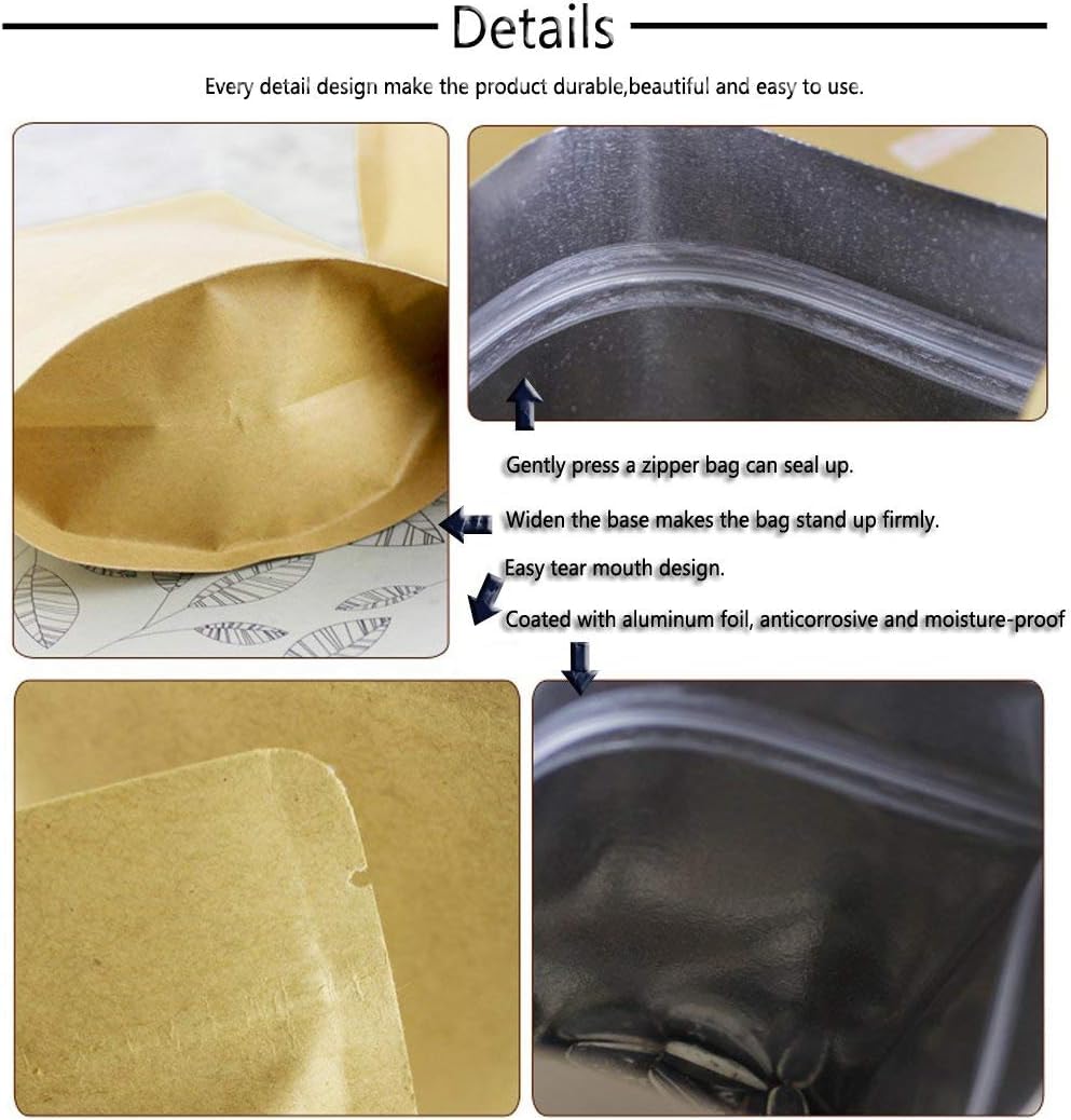 SumDirect Kraft Stand Up Pouches - 100 Pack Self-Sealing Zipper Food Storage Reusable Bags with Foil Lined for Home or Business (5X7 Inch,100PCS) - Image 4