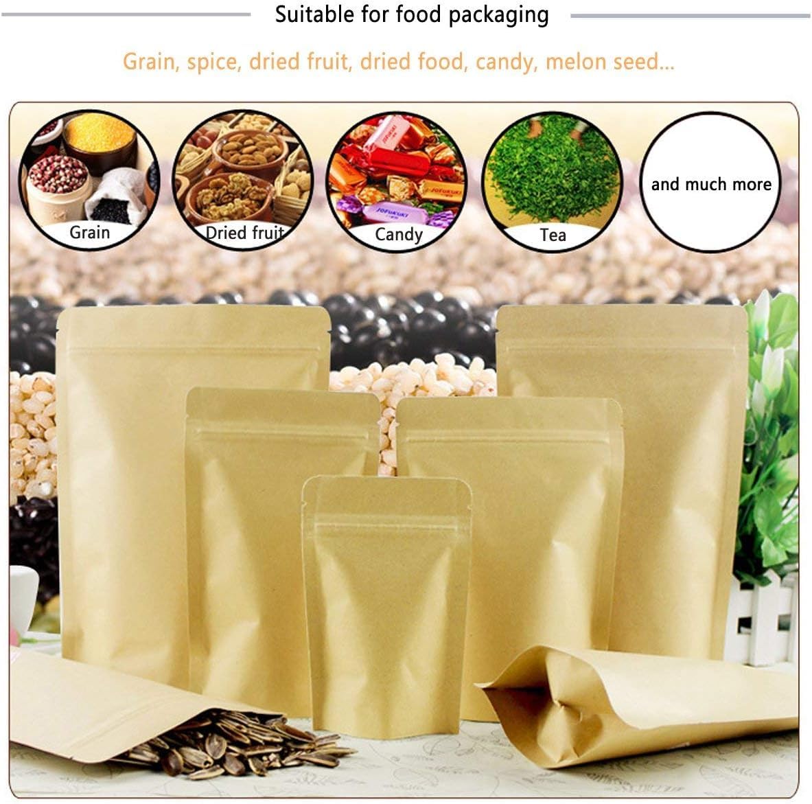 SumDirect Kraft Stand Up Pouches - 100 Pack Self-Sealing Zipper Food Storage Reusable Bags with Foil Lined for Home or Business (5X7 Inch,100PCS) - Image 5