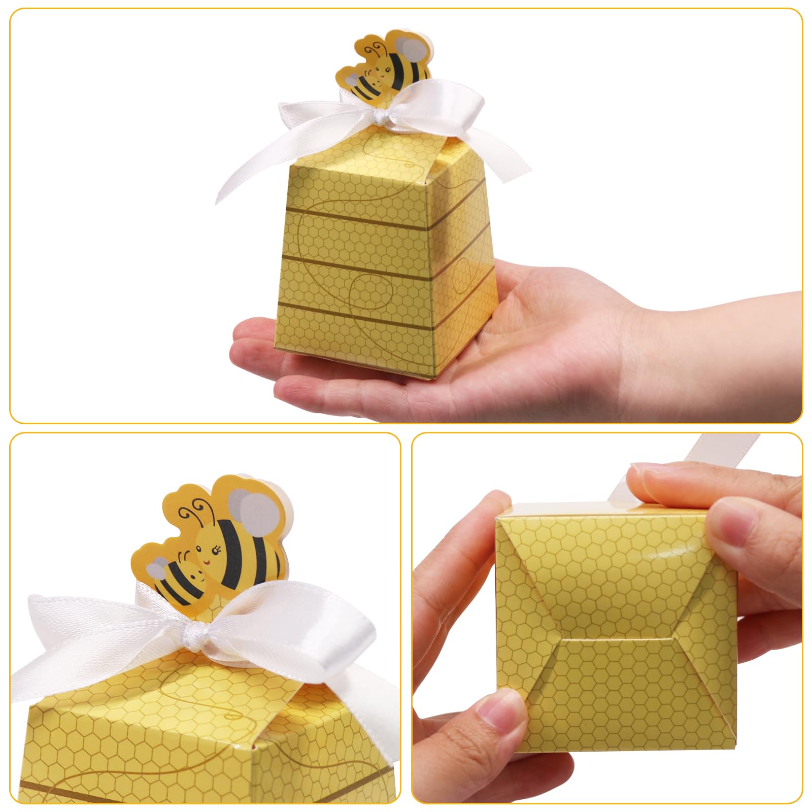 SumDirect Paper Beehive Gift Boxes - Bumble Bee Candy Boxes with Ribbons, 50PCS Baby Shower Wedding Favor Beehive Decorations - Image 3