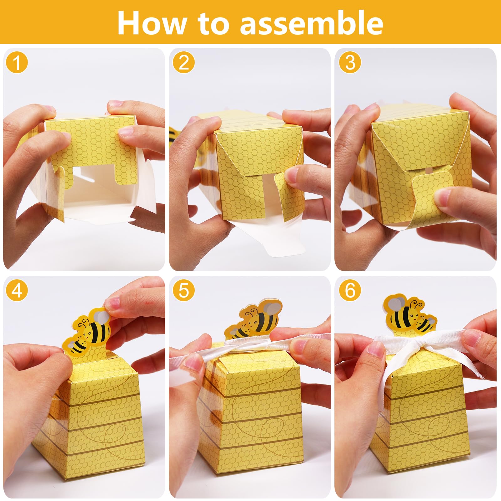SumDirect Paper Beehive Gift Boxes - Bumble Bee Candy Boxes with Ribbons, 50PCS Baby Shower Wedding Favor Beehive Decorations - Image 4