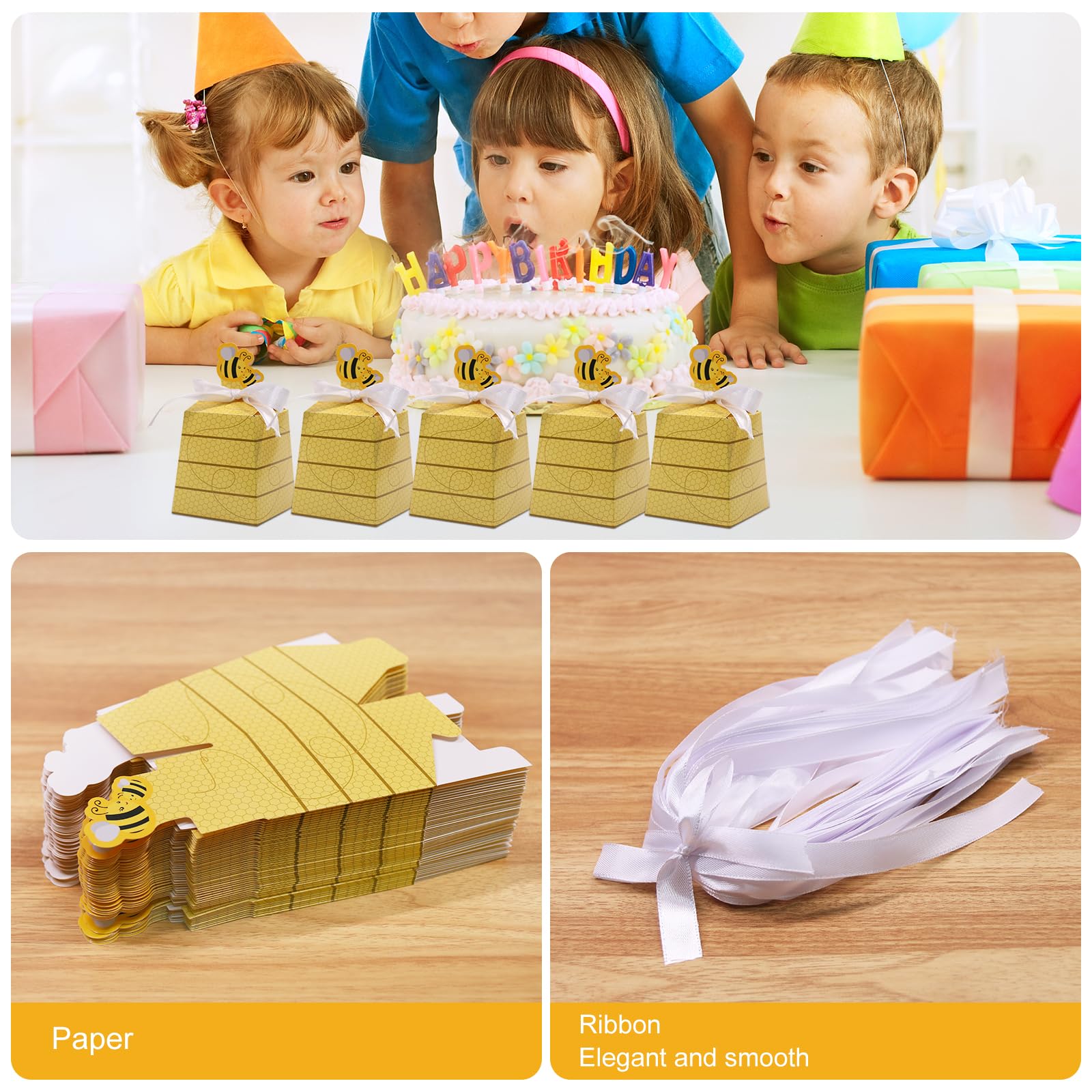 SumDirect Paper Beehive Gift Boxes - Bumble Bee Candy Boxes with Ribbons, 50PCS Baby Shower Wedding Favor Beehive Decorations - Image 5