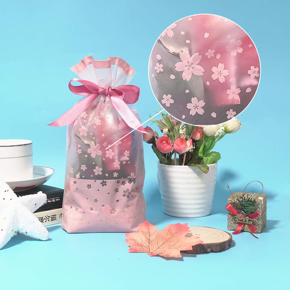 SumDirect Pink Plastic Drawstring Gift Bags - 50 Pcs 6x9 Inch Goodie Bags Cherry Blossom Party Favor Treat Bags Food Storage Bags Gift Wrapping Package - Image 6