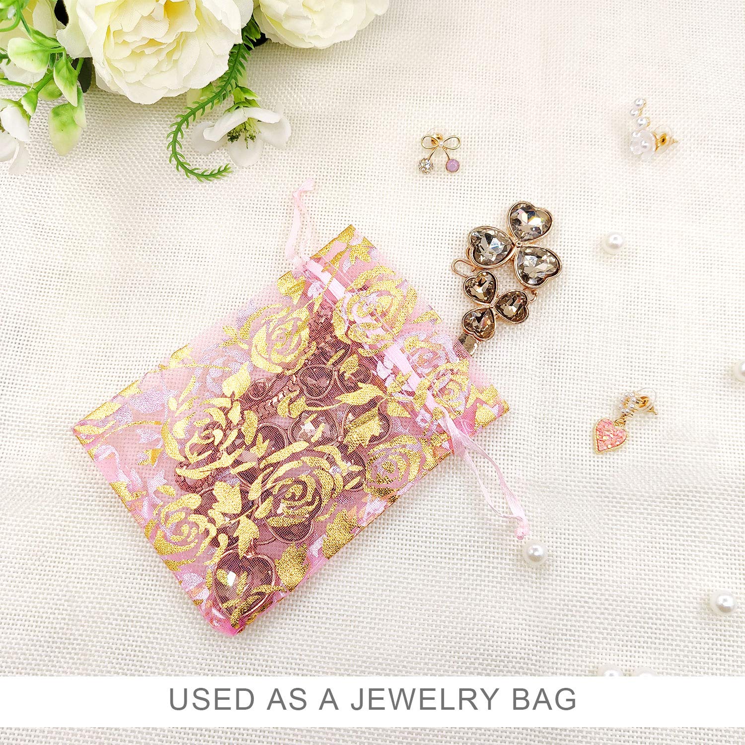 SumDirect Rose Drawstring Organza Bags - 60Pcs 4×5 Inches Mixed Color Rose Sheer Jewelry Gift Bags, Small Mesh Valentine Bags for Wedding Party Festival - Image 4