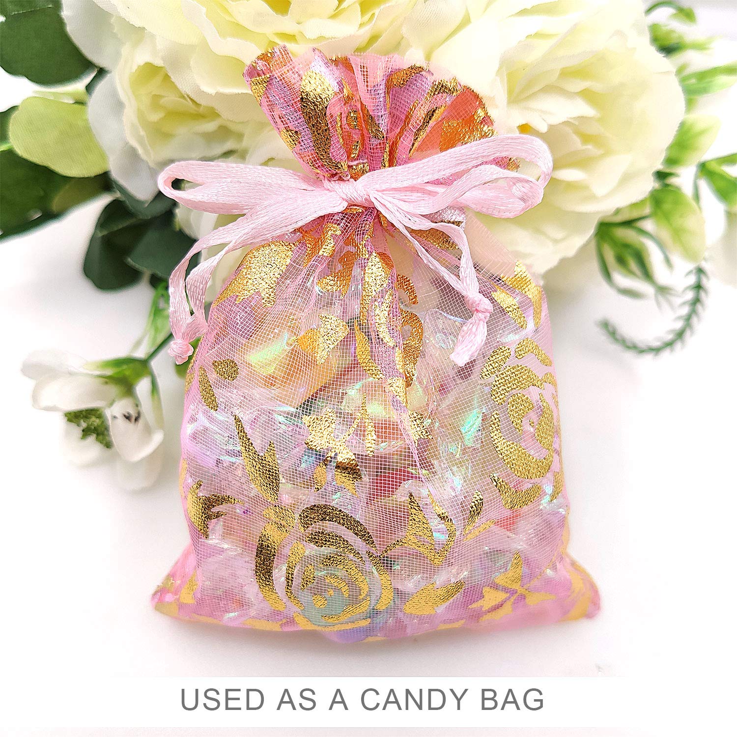 SumDirect Rose Drawstring Organza Bags - 60Pcs 4×5 Inches Mixed Color Rose Sheer Jewelry Gift Bags, Small Mesh Valentine Bags for Wedding Party Festival - Image 5