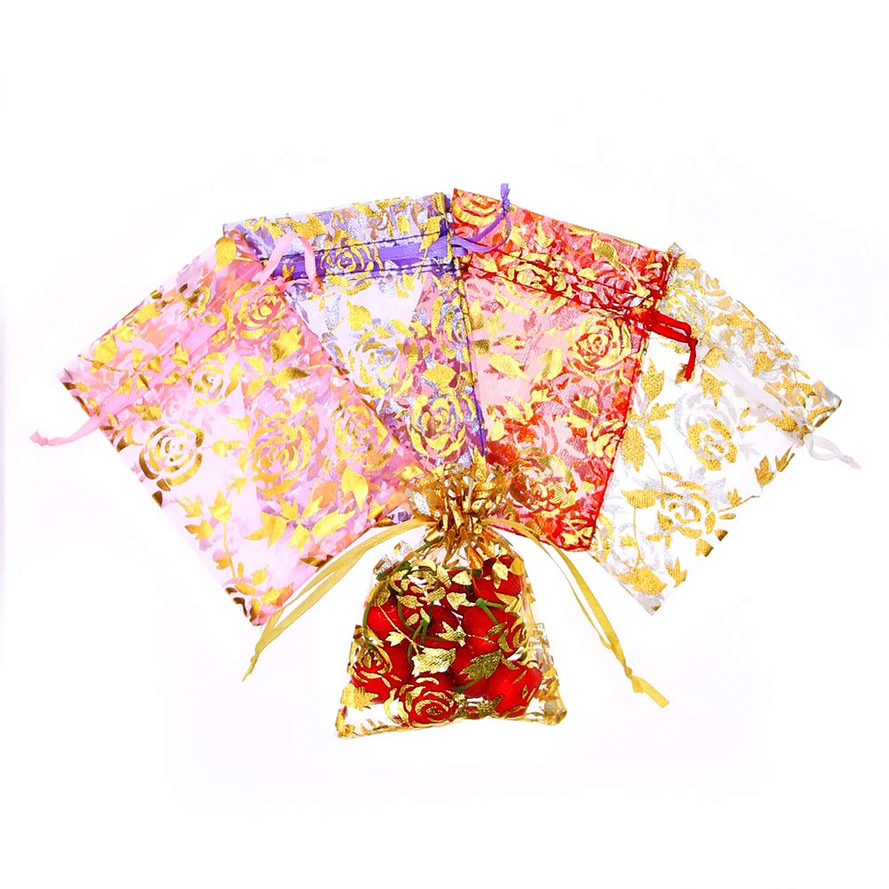 SumDirect Rose Drawstring Organza Bags - 60Pcs 4×5 Inches Mixed Color Rose Sheer Jewelry Gift Bags, Small Mesh Valentine Bags for Wedding Party Festival - Image 7