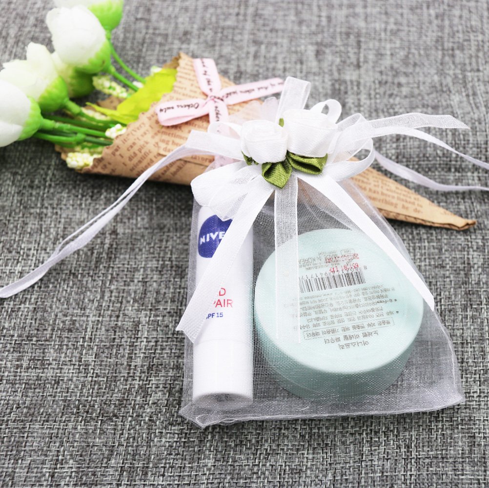 SumDirect Rose Organza Gift Bags - 50Pcs 4x5 inch White Wedding Favor Gift Bags, Jewelry Pouches with Drawstring for Party Wedding Christmas Valentine - Image 4