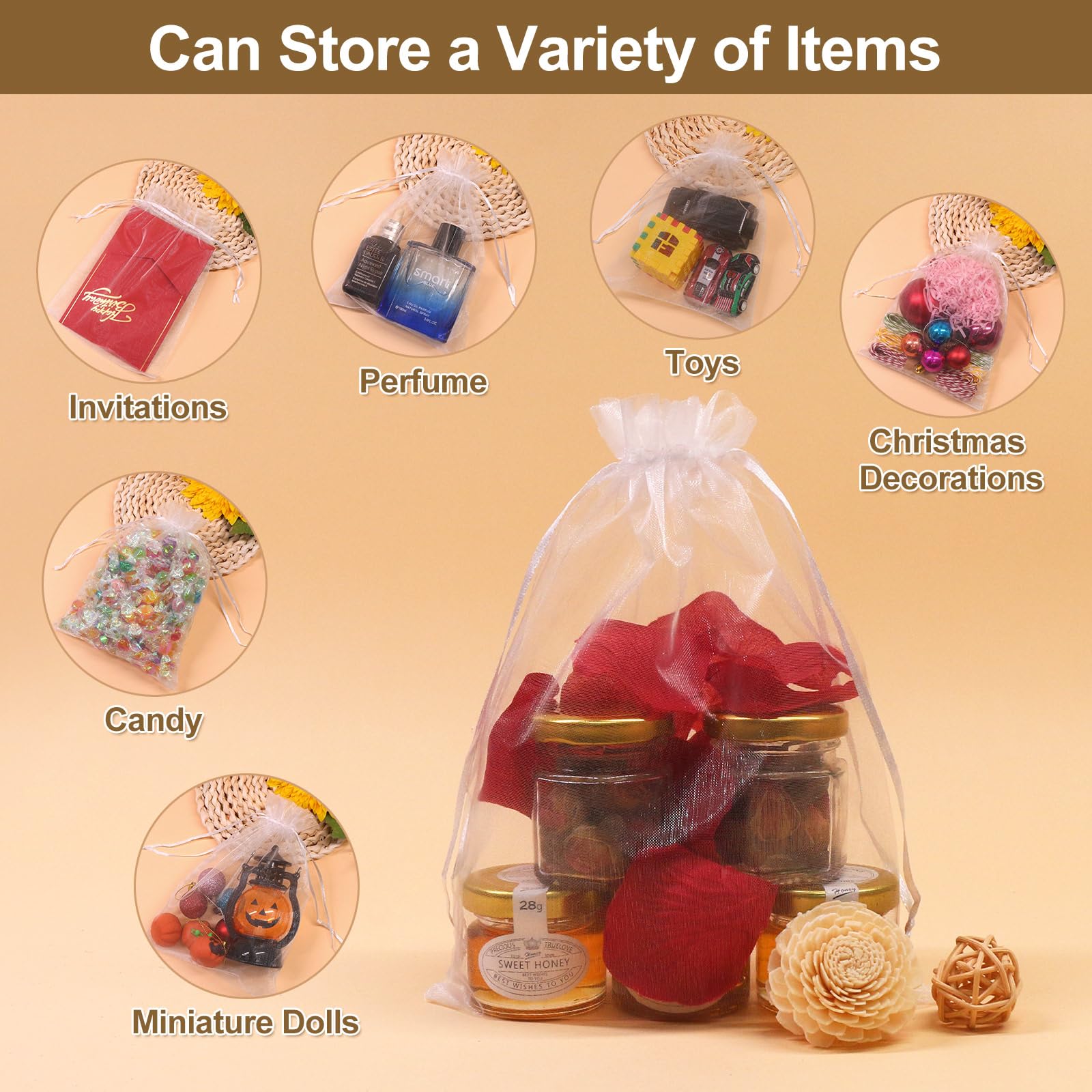 SumDirect White Sheer Organza Bags - 100Pcs 6x9 Inch Organza Gift Bags with Drawstring, Jewelry Pouches for Wedding Party Christmas Favor - Image 4